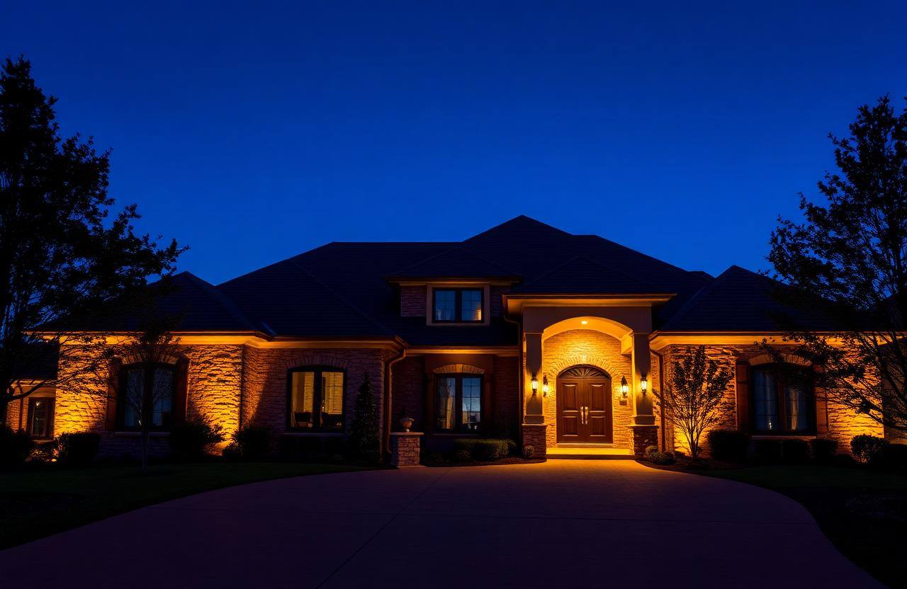Stone facade illuminated by warm brass landscape lighting at dusk
