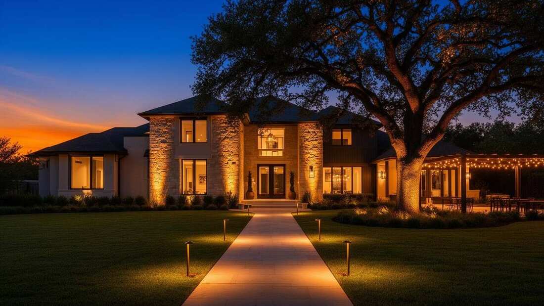 Luxury home at dusk with brass landscape lighting illuminating the facade, pathway, and oak tree