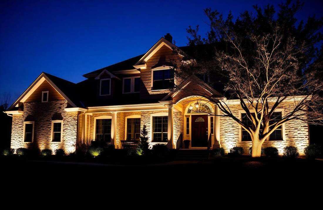 Stone facade illuminated by warm brass landscape lighting at dusk